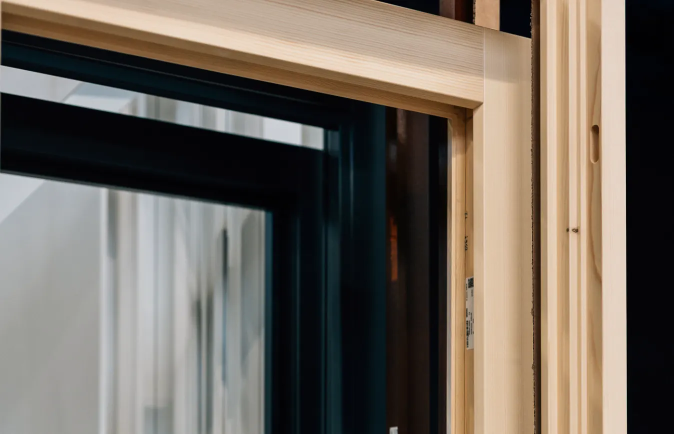 Rahmen eines Holzfensters aus hellem Holz, dahinter ein dunkler Fensterrahmen, Detailaufnahme.