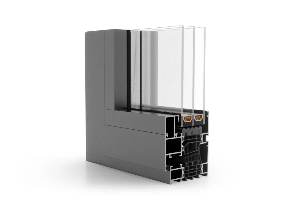 Querschnitt des Aluminiumprofils Masterline 8, Rahmen 77 mm und Flügel 87 mm.