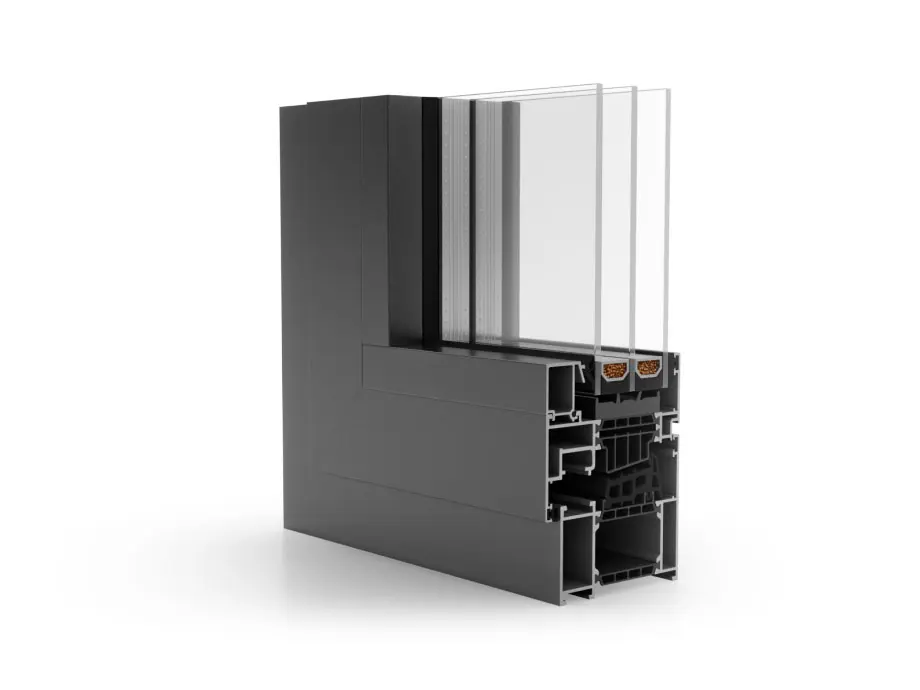 Querschnitt des Aluminiumprofils MB-86N mit Rahmen, Flügel und Verglasung.